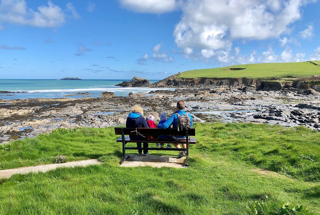 Trevone Beach, The Bench, View over the Bay over to the Blow Hole, Cornwall