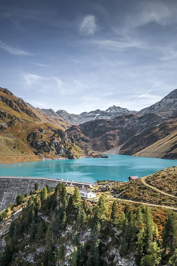 areal view of cleuson dam lake in valais