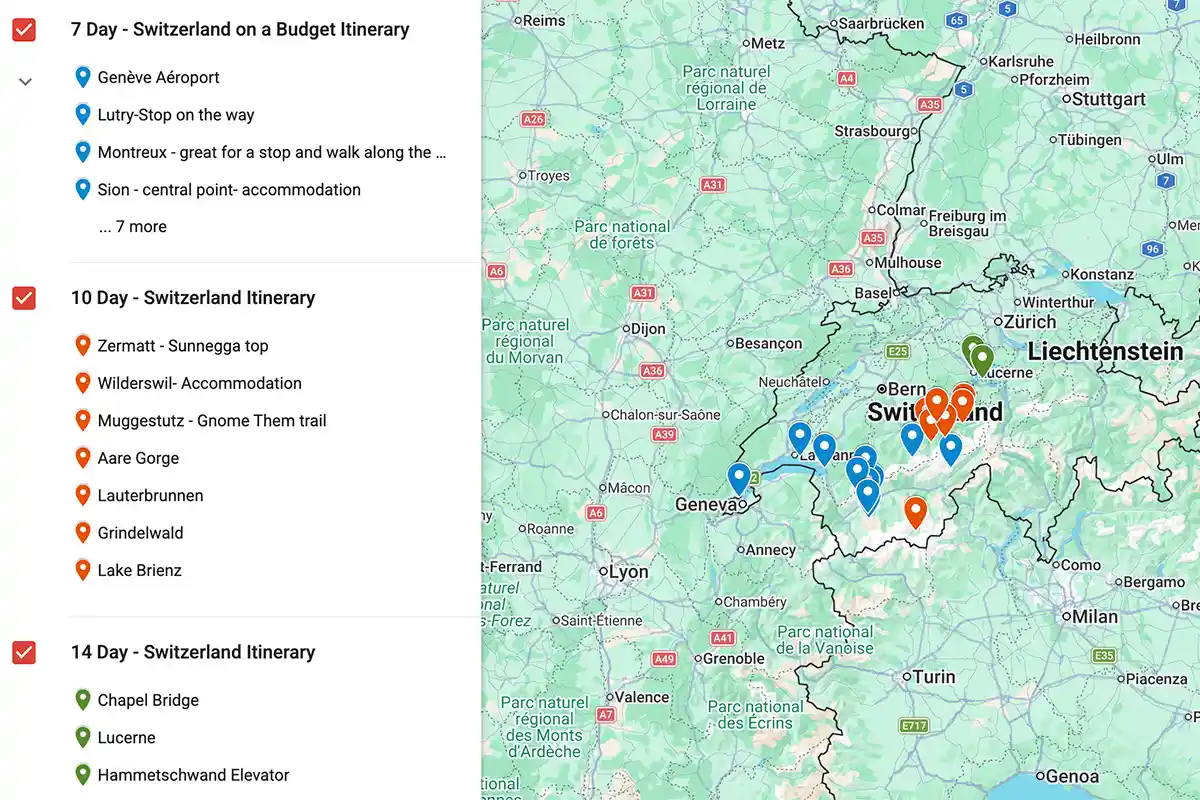 Google map of Switzerland for a budget friendly itinerary