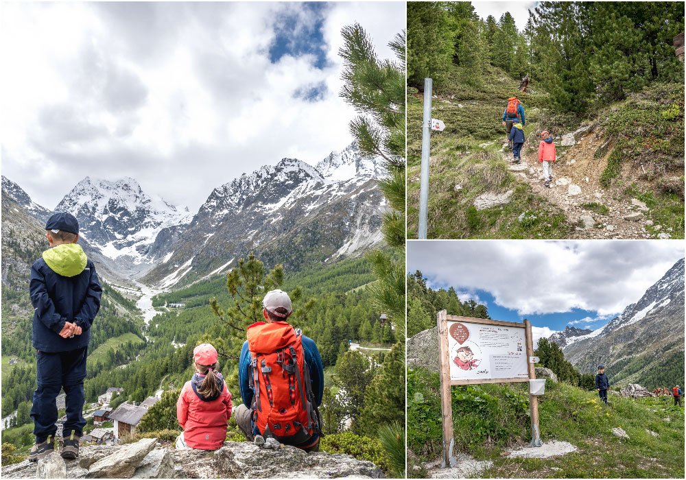 a family sitting on a view point on the Marmot trail in Arolla