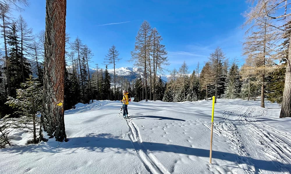 a woman in a snowy field with her ski in Valais