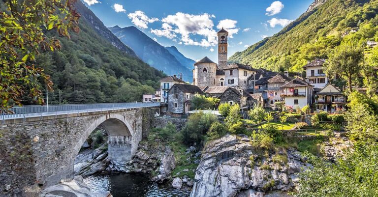 Lavertezzo village and Ponte dei Salti bridge in Valle Verzasca, Ticino Switzerland