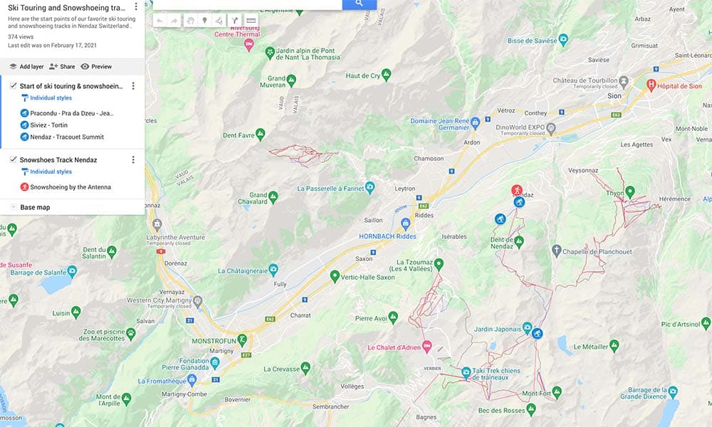 snowshoe trail map Valais 