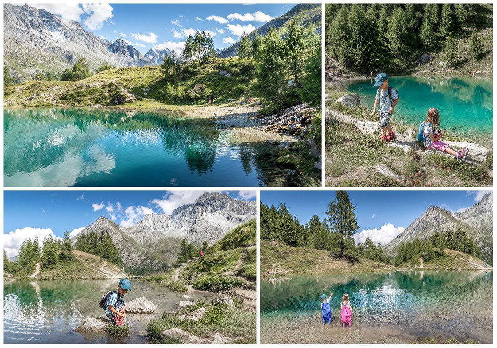 children playing at Lac Bleu in Arolla during a summer day