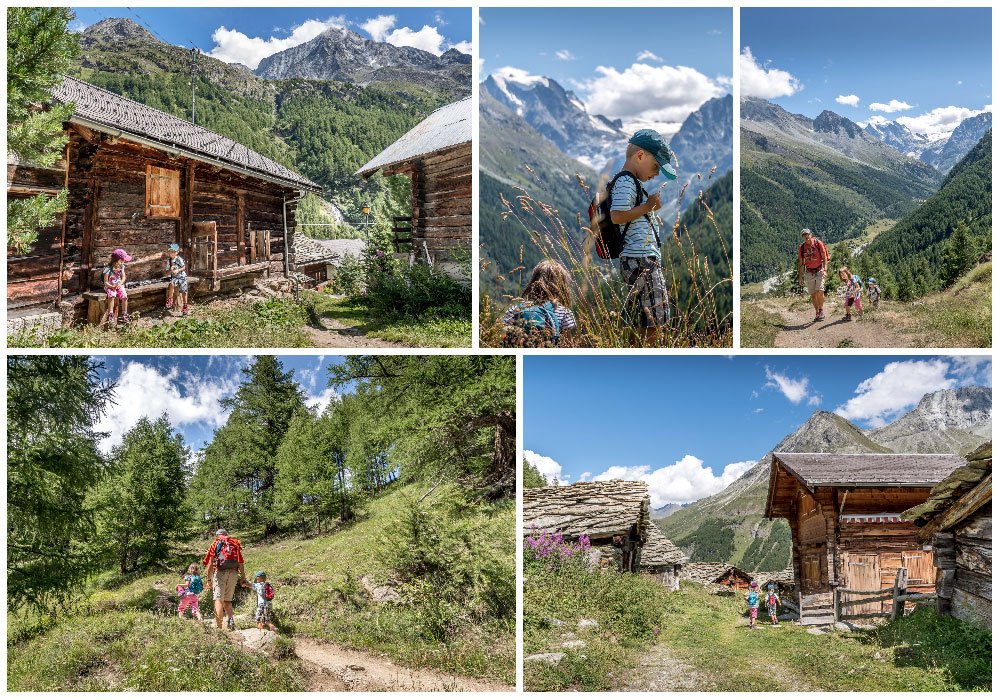 family hiking to Lac Bleu in Arolla during a summer day