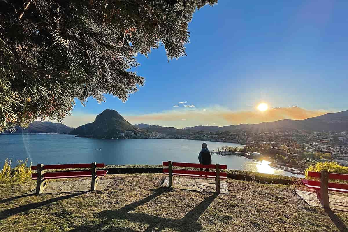 Sunset view over Lake Lugano from Parco San Michele