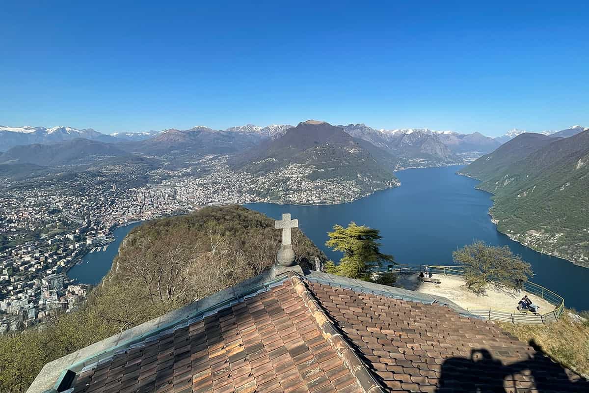 View over Lake Lugano from San Salvatore viewpoint in Ticino