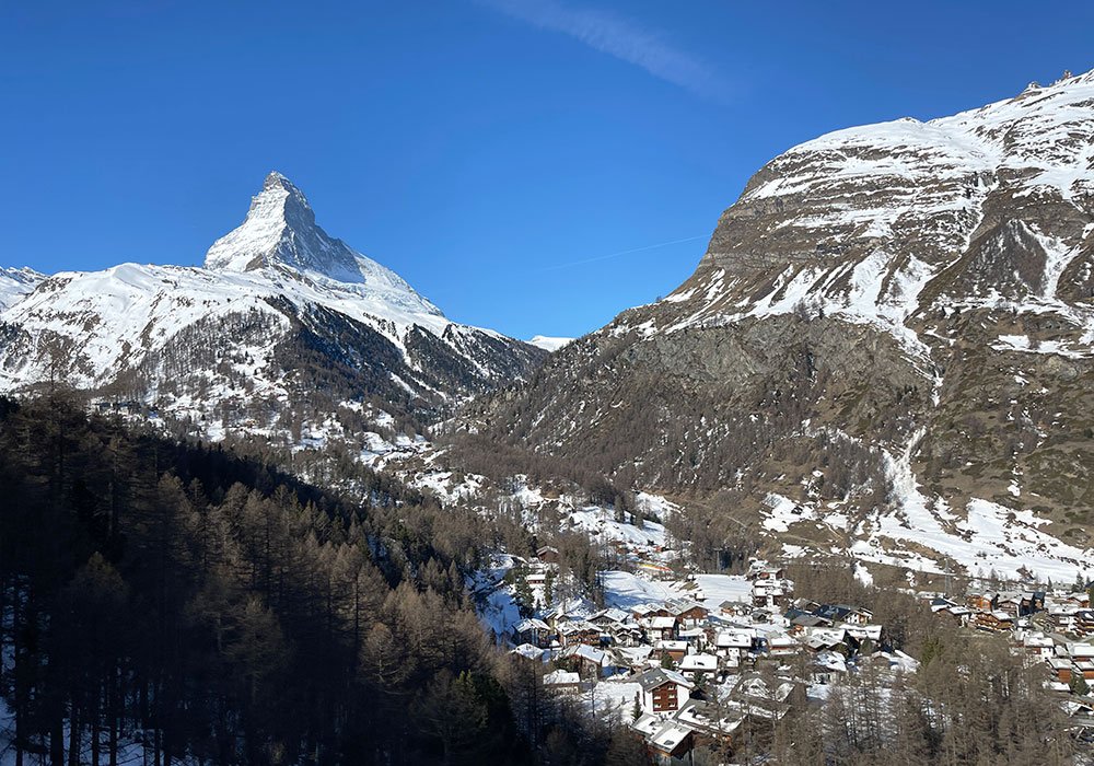 view of the Matterhorn in Zermatt in winter 
