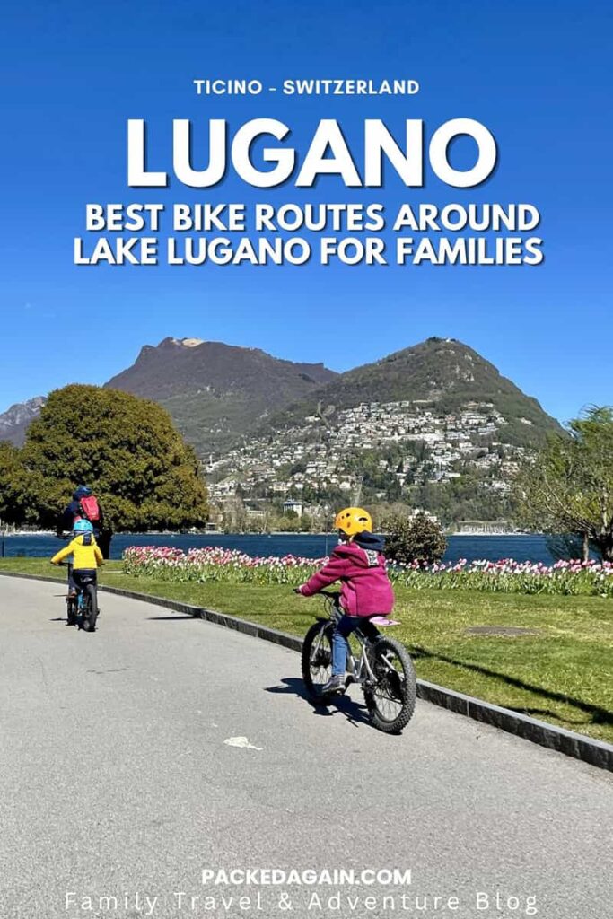 Children cycling along Lake Lugano with mountain views in Lugano Ticino Switzerland