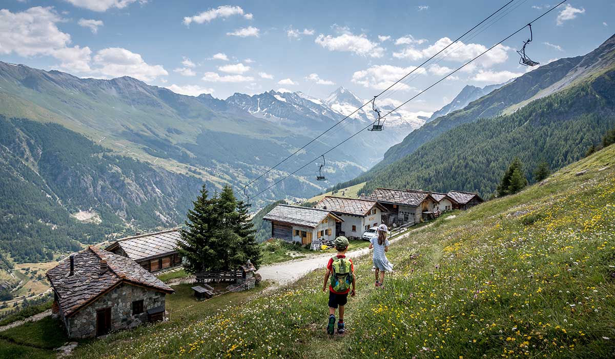 kids hiking down an swiss alpine pasture