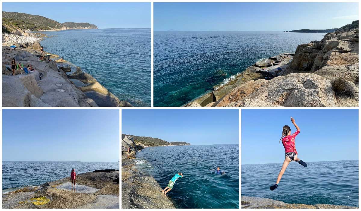 different images of le piscine beach on Elba