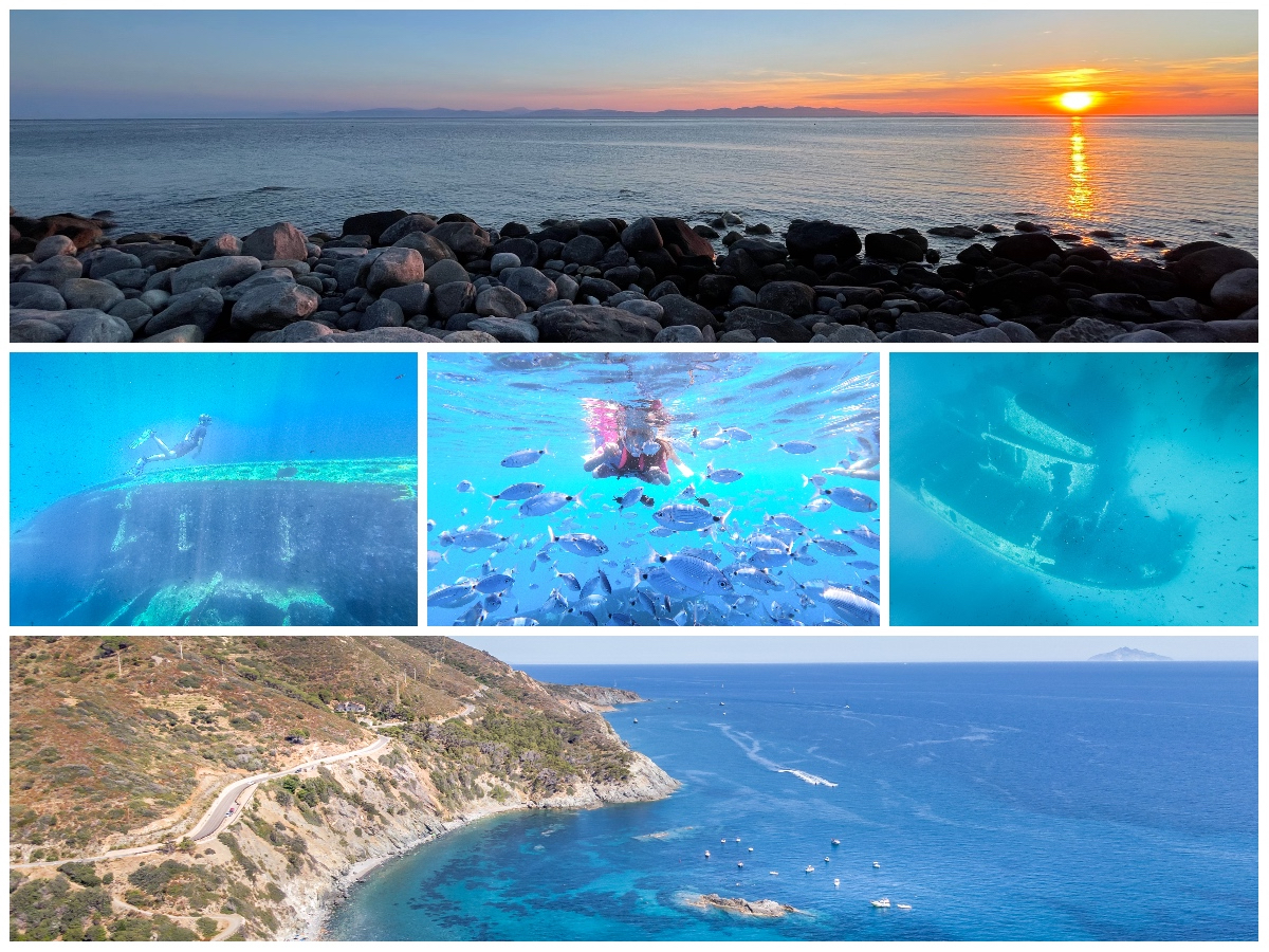 different images of the Relitto Beach and ship wreck on Elba in Italy