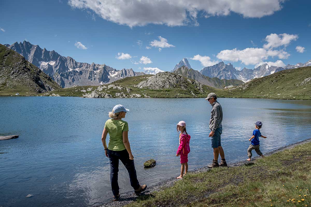 family at the Lacs de Fenetre in Valais Switzerland 