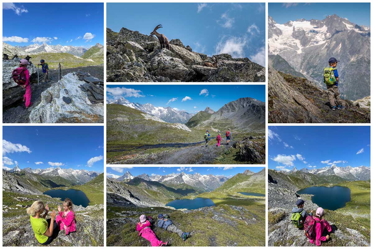 different images of a family hiking to lacs de Fenetres in valais