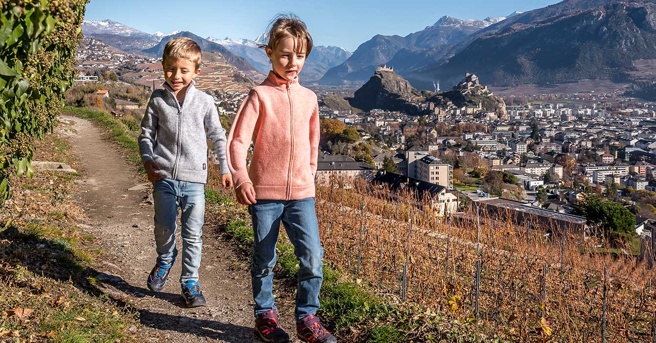 kids hiking along the vineyards in Sion Monr d'Orge
