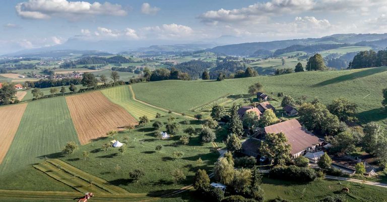 Luftaufnahme einer Gallenfarm mit Glampingzelten in Willisau