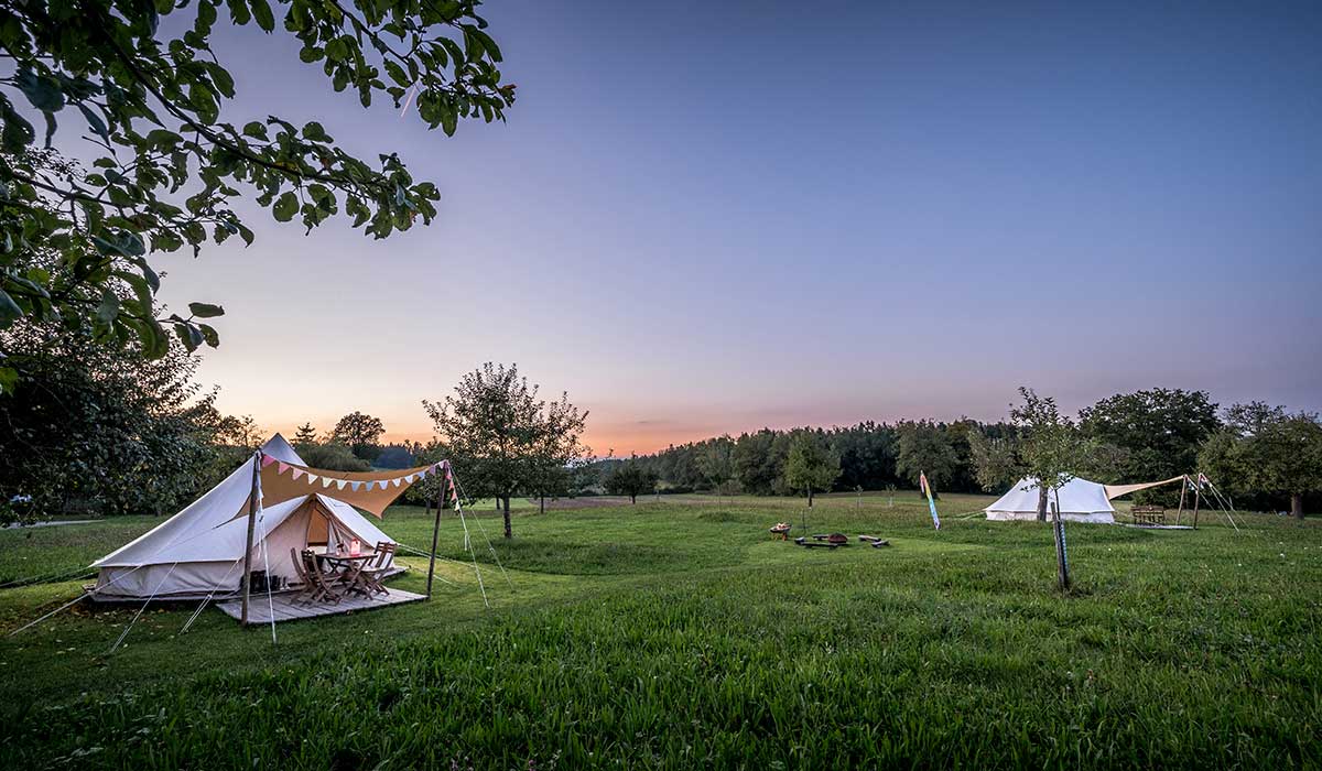 Glampingzelte zwischen Apfelbäumen bei Sonnenuntergang