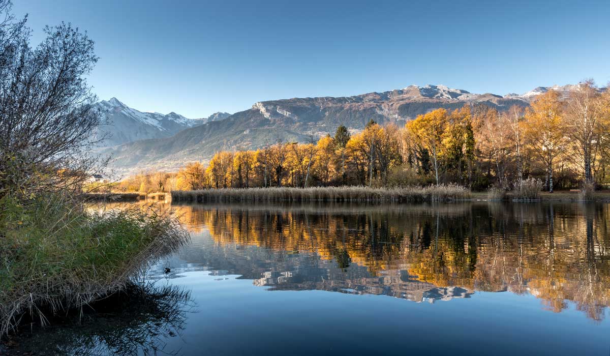 a small lake surrounded with its tress in full autumn colours , mont d'Orge