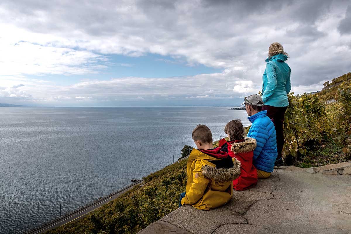 family on the Lavaux terraces in Vaud