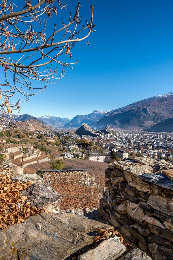 Autumn view over to two castles in Valais sion Valère and Tourbillon