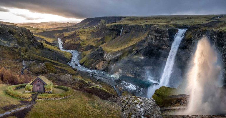 photo collage with different landmarks along the golden circle such as the Geyris, Viking village and Haifoss waterfall