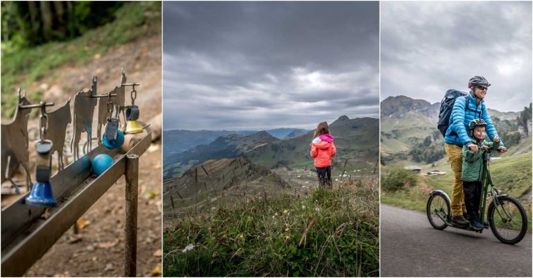 images of a family up a mountain im Haslital participating the Kugeltheme trail, Scooter downhill and marvelling at the view from the Hasliberg
