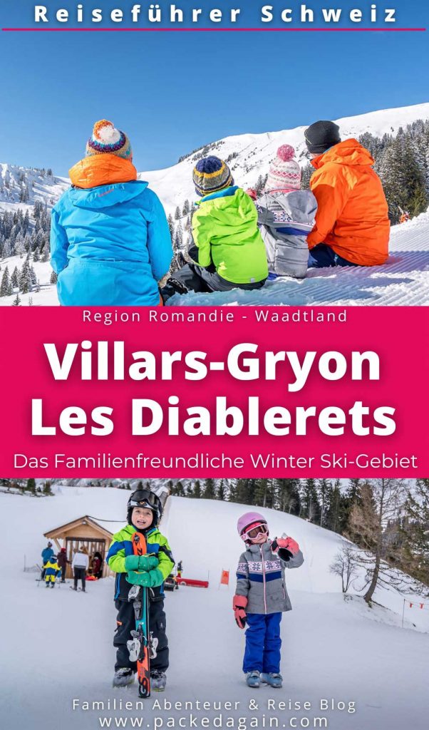 pin guide zum Wintergebiet Villars-Gryon und Les Diablerets. wine familie sitzt im Schnee und kinder mit skis am lachen