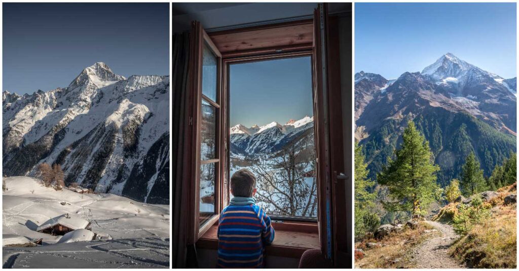 summer and winter images from the Lötschental and a boy looking out of the window of the Hotel Nest- Bietschhorn