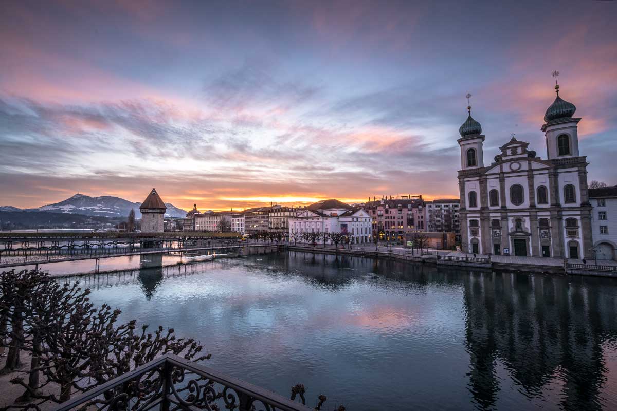 sunrise over the swiss city Lucerne in winter