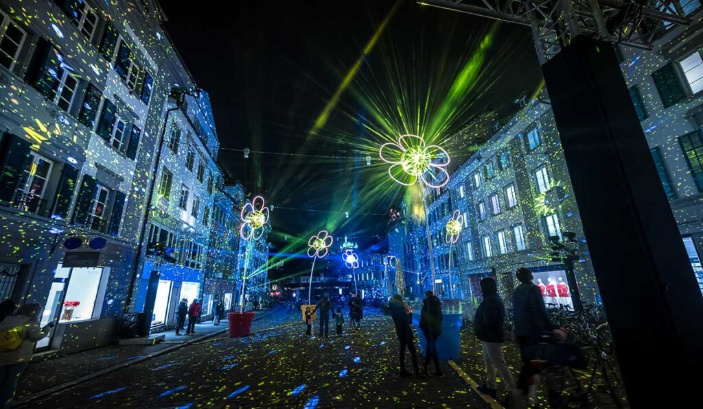 light display with flowersa at the licht festival in luzern