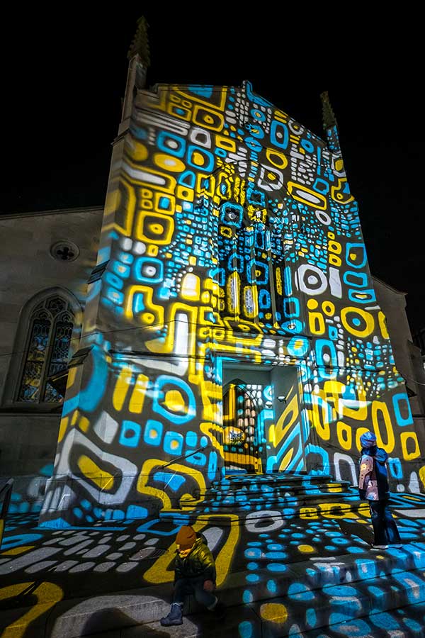 light ilumination on the church from the light festival in Lucerne