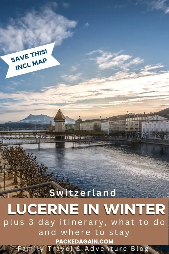 pinterest pin showing Lucerne and the Kapelbrücke in sunset