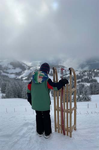a boy with his sledeg on swiss mountain