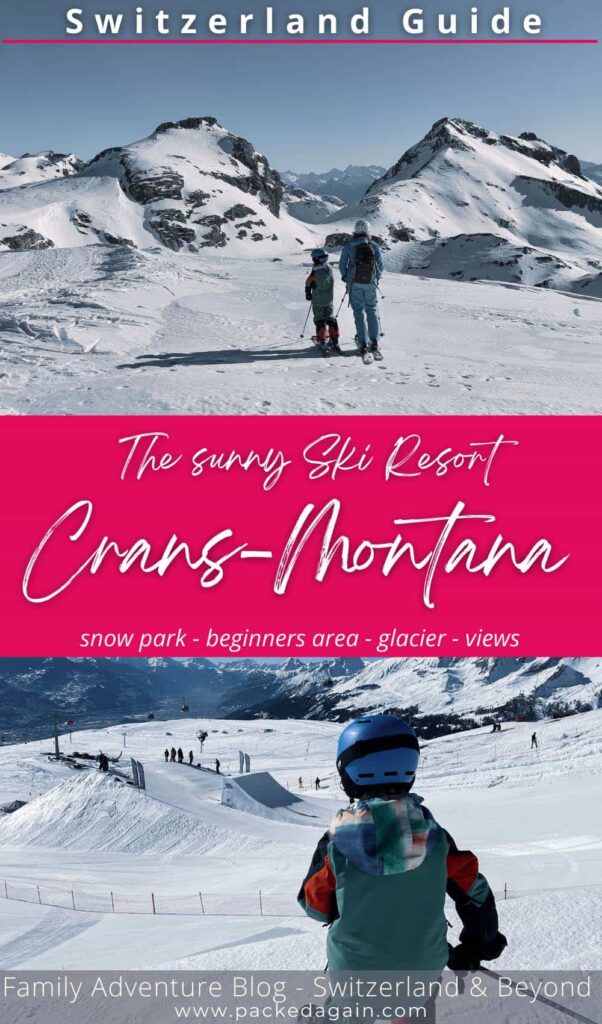 a family skiing in the swiss ski resort of Crans-montana