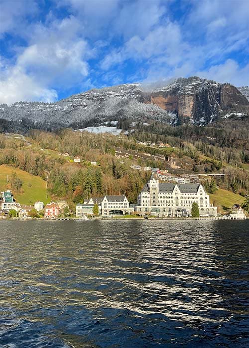 view to Vitznau from a boat on lake Lucerne