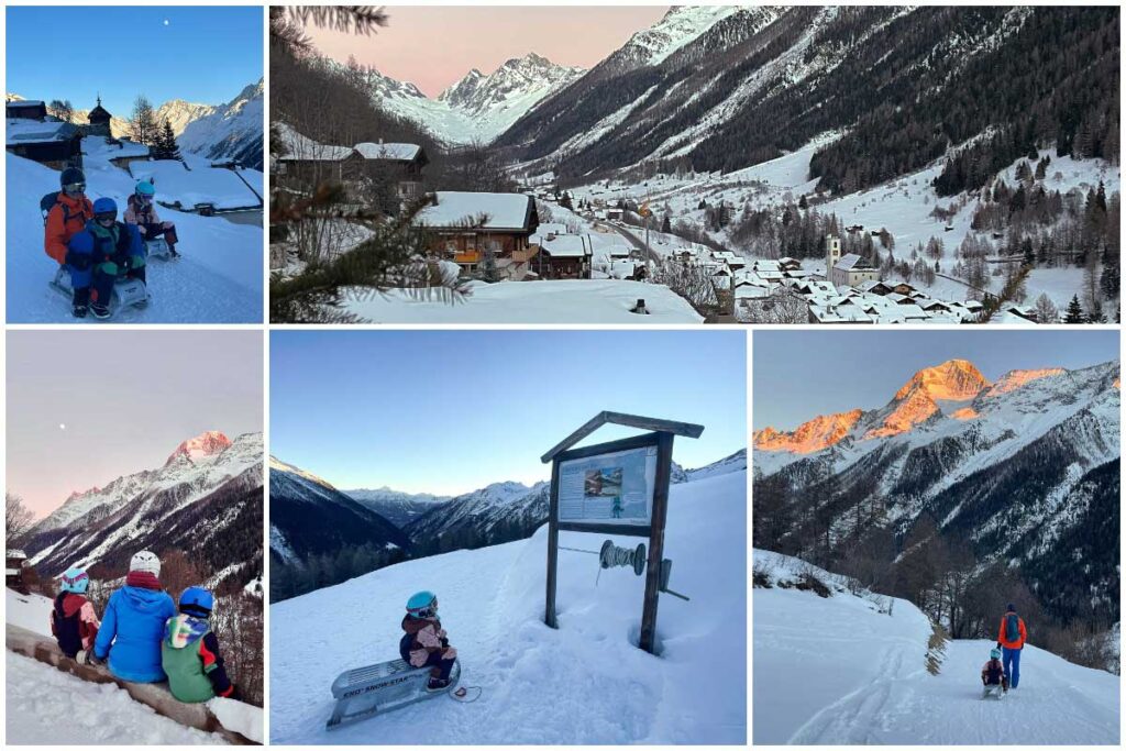 a family walking on a winter train in lötschental
