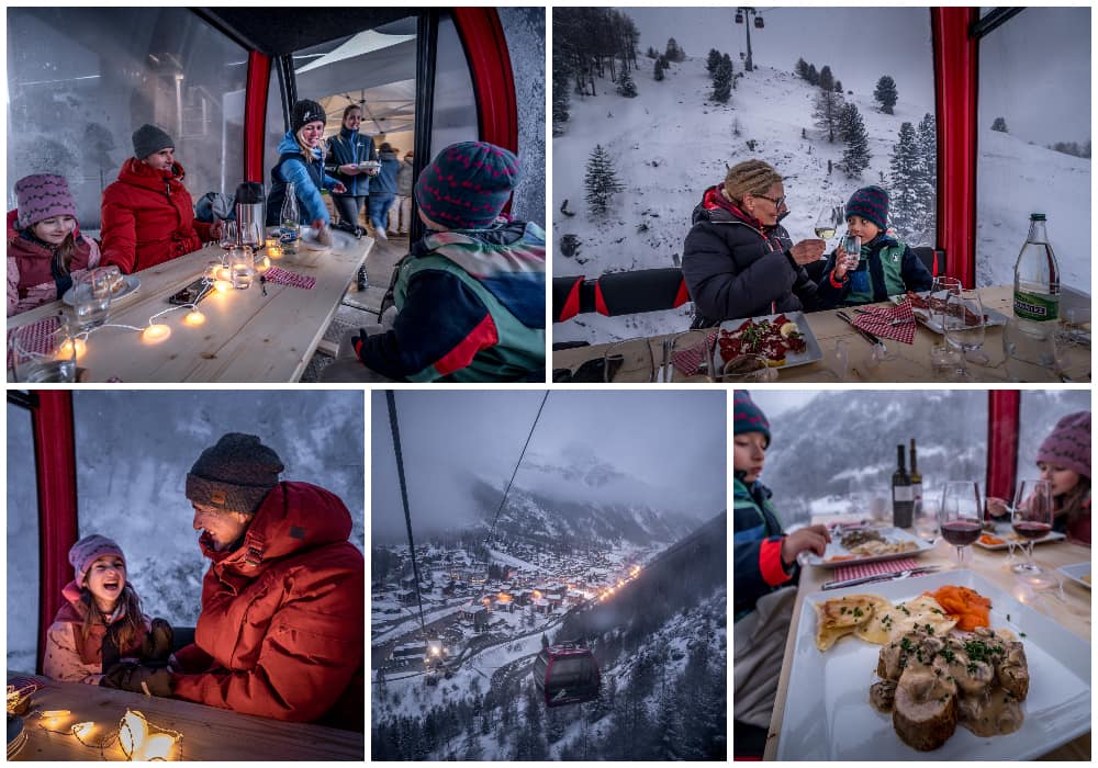 family having dinner in the Zinal cable car in Valais