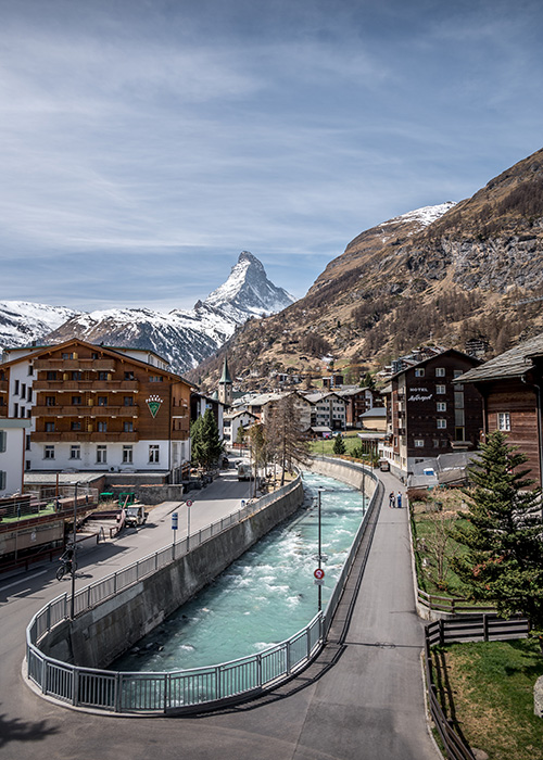 the swiss mountain village zermatt with the River and the Matterhon