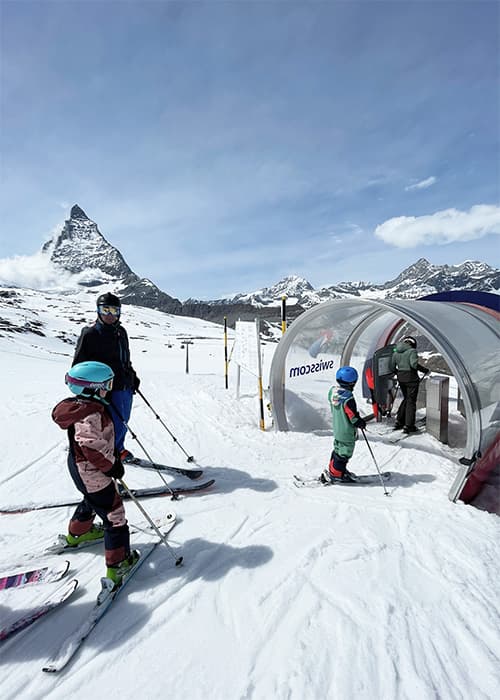 a family at the race ski timer in zermatt