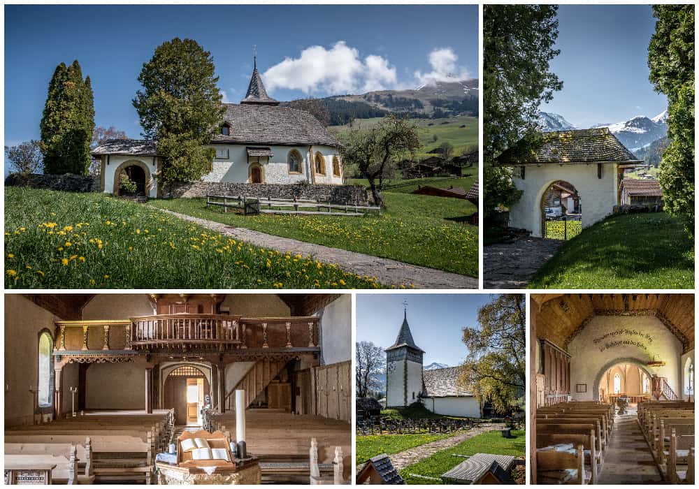A old wooden Church in Lauenen by Gstaad in summer