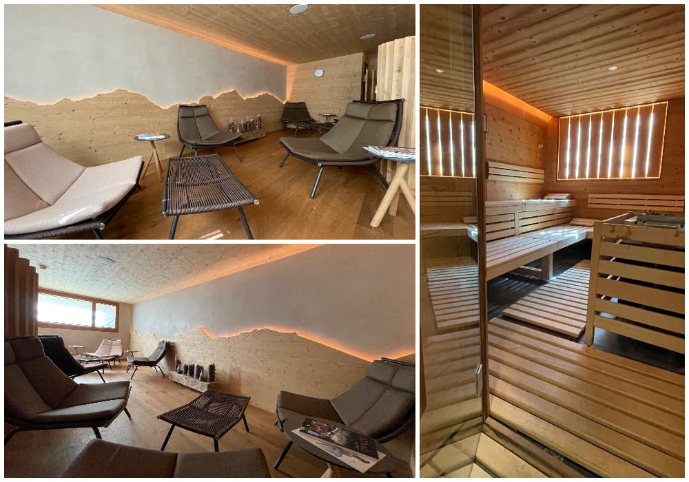 wellness area with wood and lights at Hotel Alpenland Lauenen