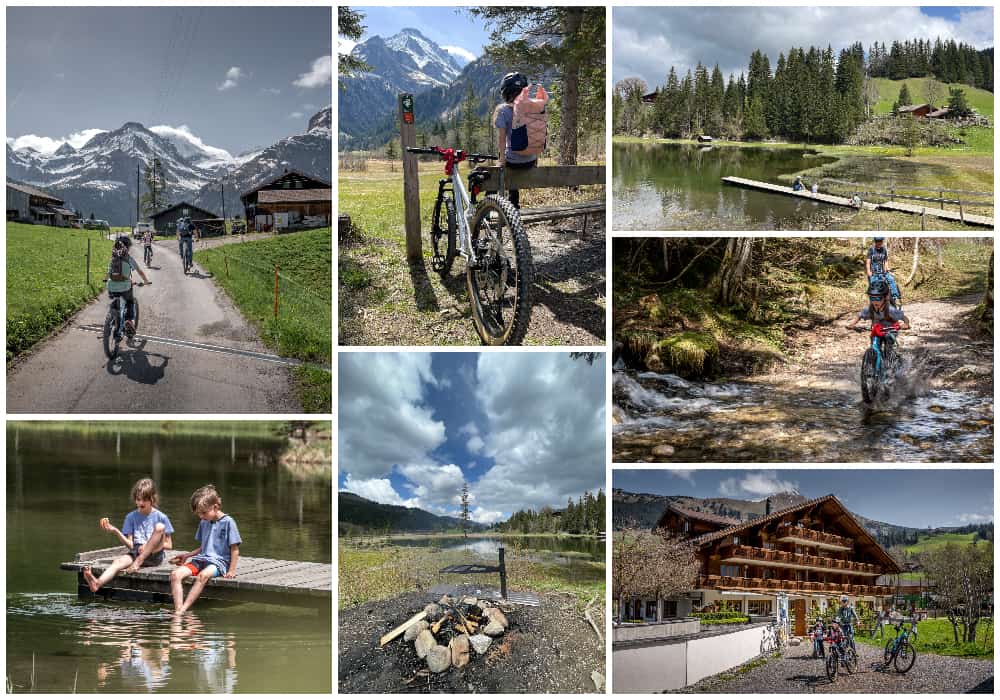 family biking to Lake Lauenen from the Hotel Alpenland