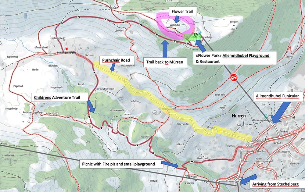 map of Mürren Allmendhubel with detailed instruction on finding the playground