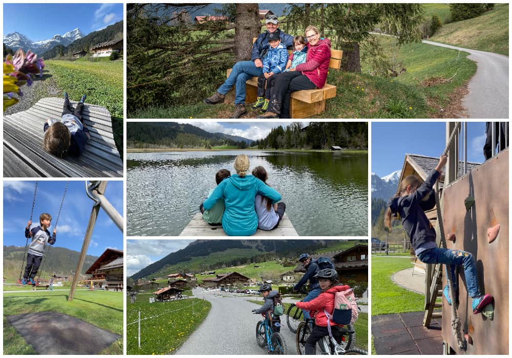 a family around the swiss Hotel Alpenland Lauenen with bikes and hiking