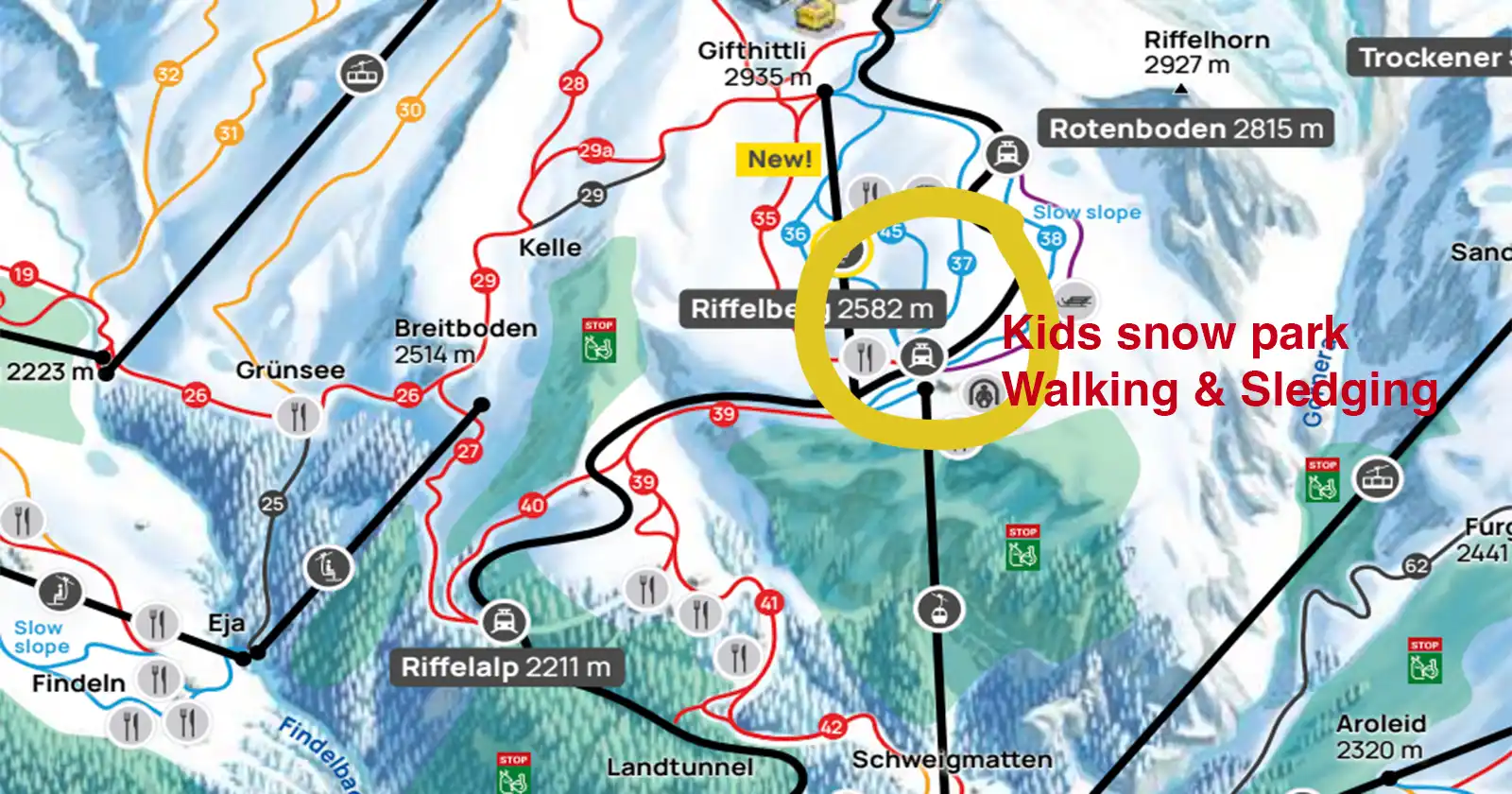 Gornergrat ski map, Zermatt, with the pistes from Hohtälli and Gornergrat down to Riffelberg and Furi