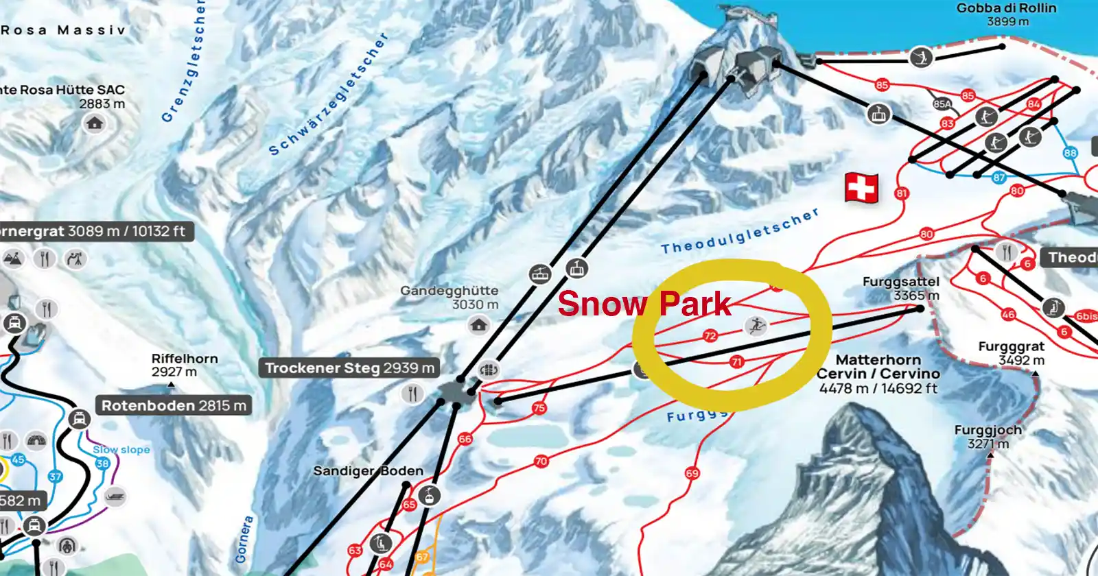 Matterhorn Glacier Paradise and Schwarzsee ski map, Zermatt, from Klein Matterhorn and Trockener Steg down to Schwarzsee and Furi, with the link to Cervinia