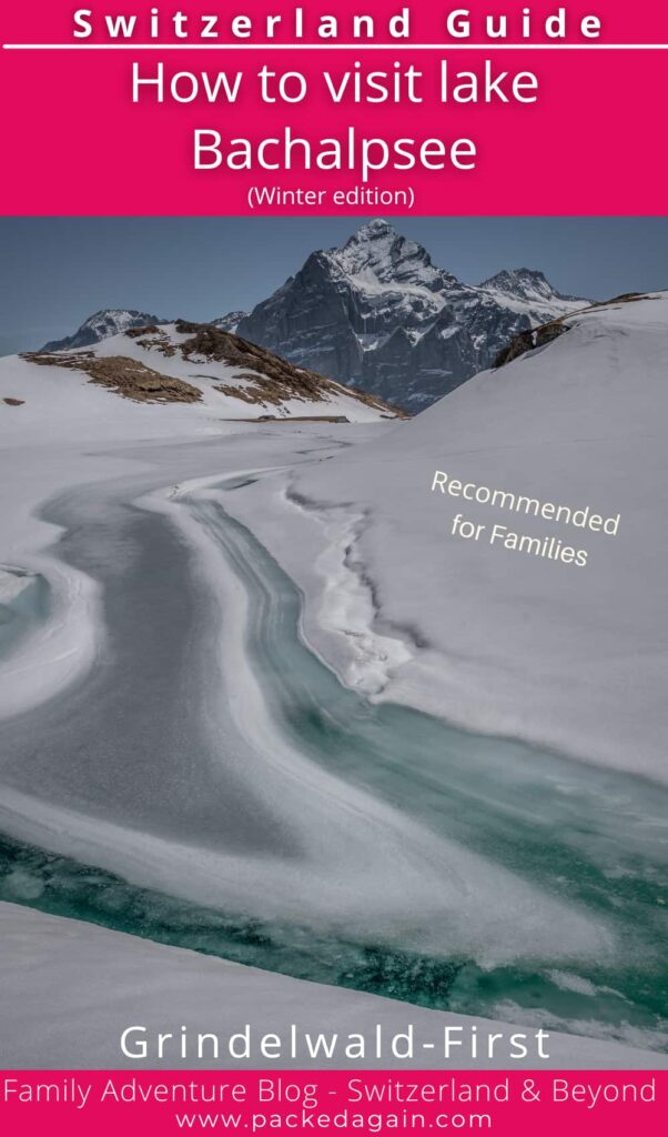 The Bachalpsee, semi-frozen lake in grindelwald with mounatin views in the bachdrop.