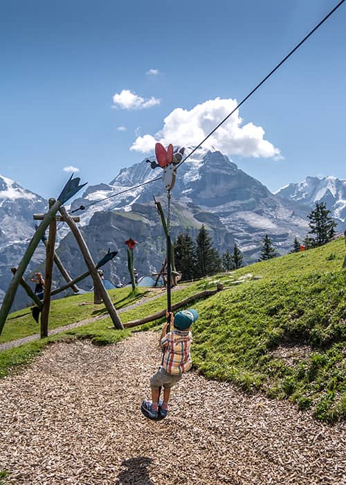 a boy on the zip line at the playground in allmendhubel with mountain views