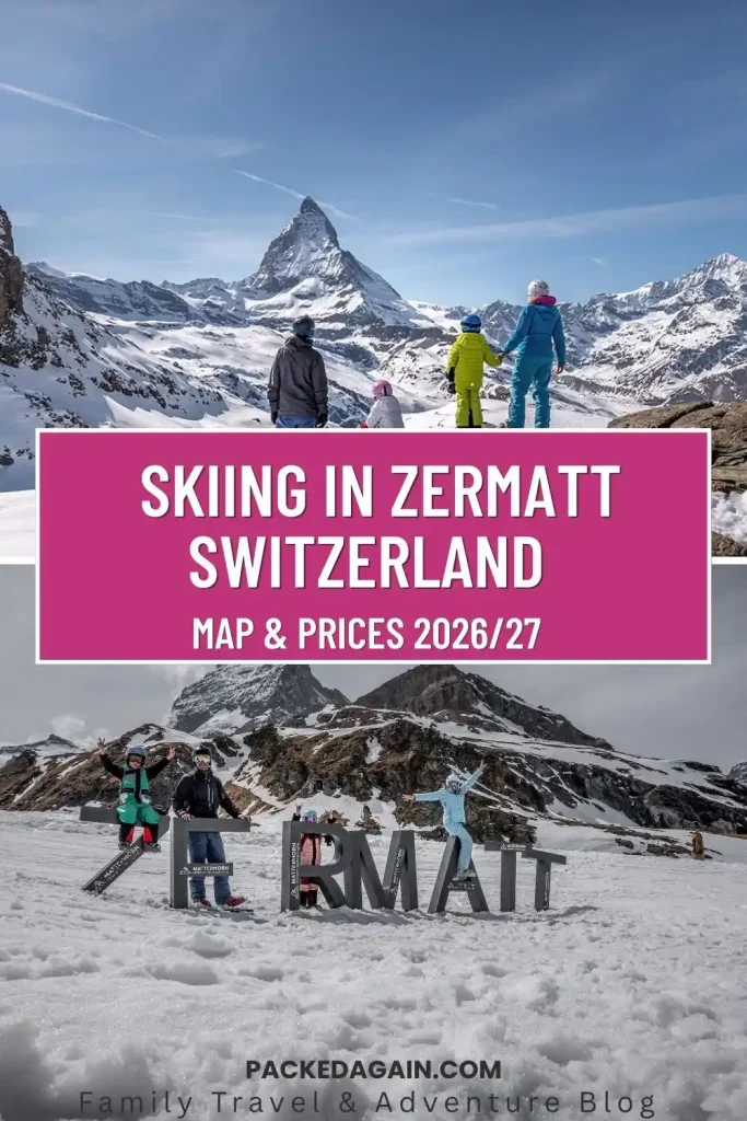 family in ske gear skiing in zermatt with the Matterhorn in the back