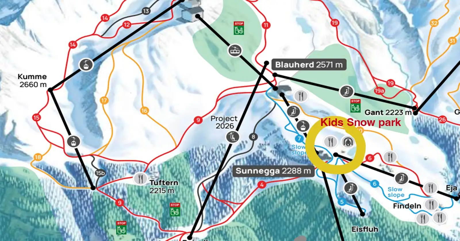Sunnegga-Rothorn ski map, Zermatt, with the pistes from Rothorn, Blauherd and Sunnegga down to Findeln and the village
